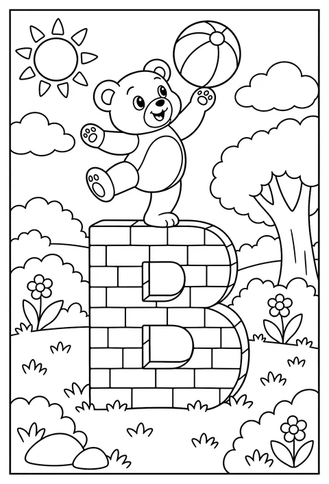 Letter B built from bricks with a bear balancing a ball on top coloring page