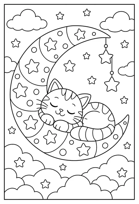 Letter C shaped like a crescent moon with a cat curled inside coloring page