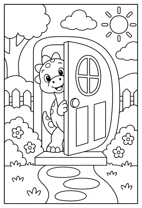 Letter D as a door with a dinosaur peeking through coloring page