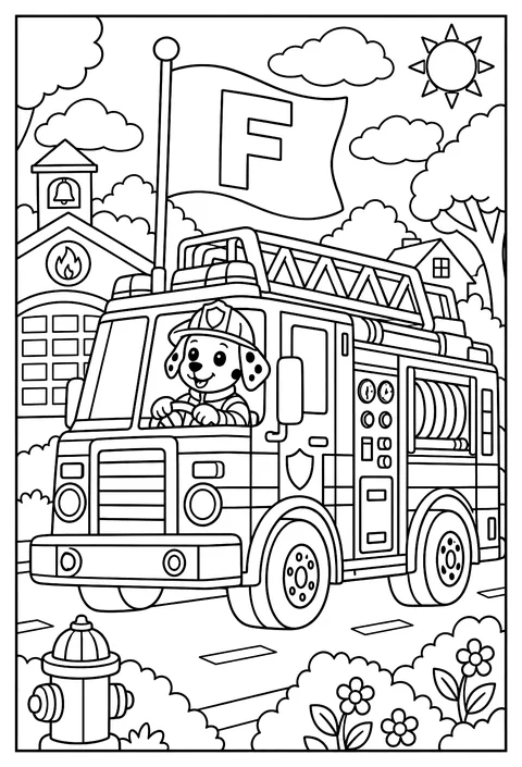 Letter F as a flag on a fire truck coloring page