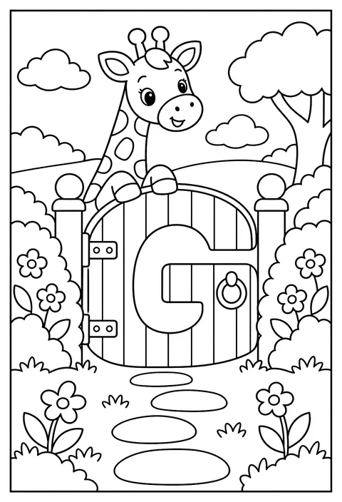 Letter G as a garden gate with a giraffe looking over coloring page