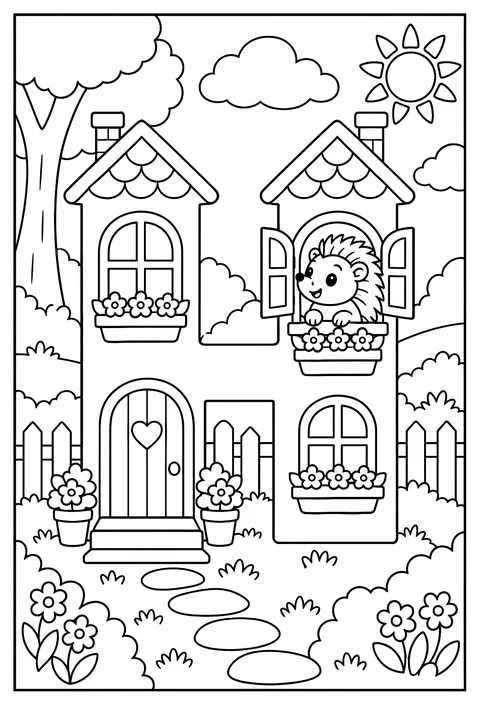 Letter H as a house with a hedgehog at the window coloring page