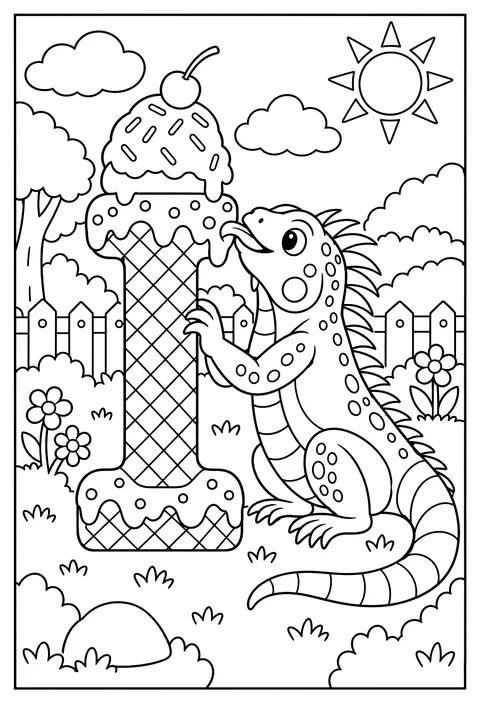 Letter I as an ice-cream cone with an iguana licking it coloring page