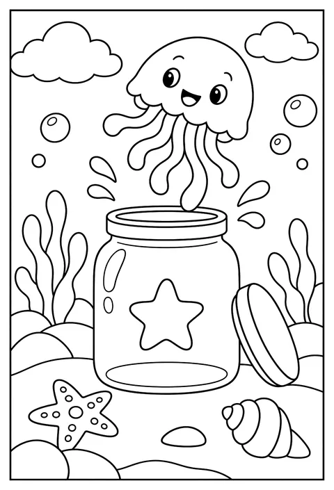 Letter J as a jellyfish jumping out of a jar coloring page