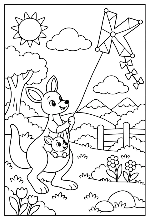 Letter K as a kite flown by a kangaroo coloring page