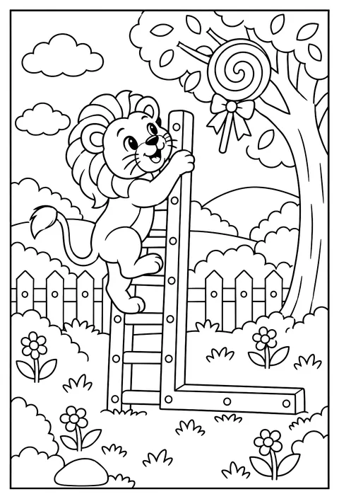 Letter L as a ladder with a lion climbing to a lollipop coloring page