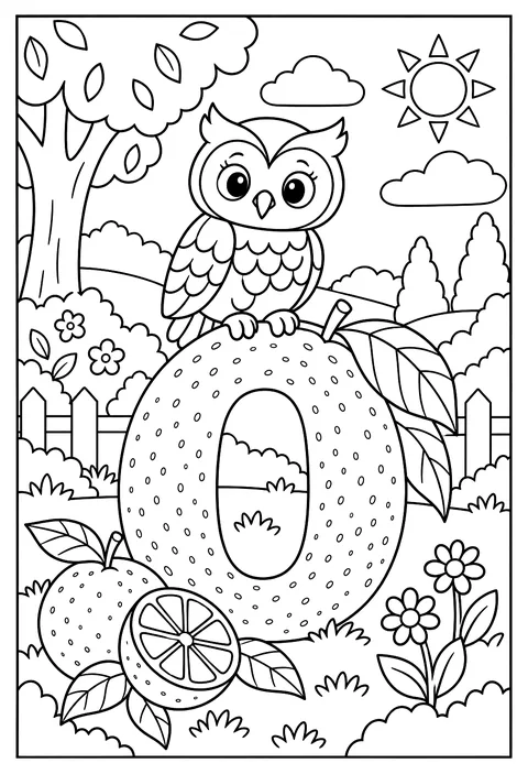 Letter O as an orange with an owl sitting on it coloring page