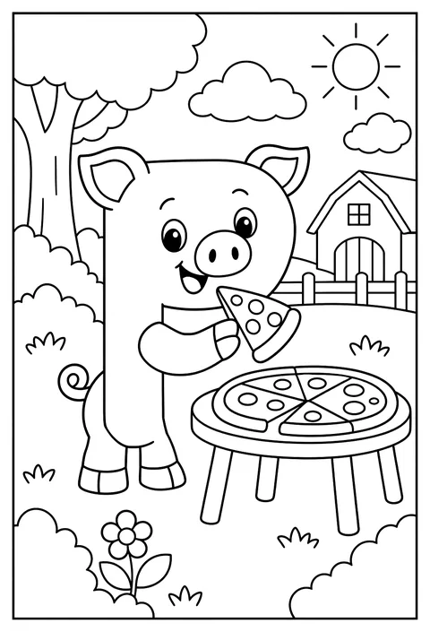 Letter P as a pig with a pizza coloring page