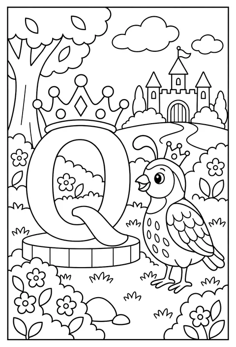 Letter Q as a queen's crown with a quail coloring page
