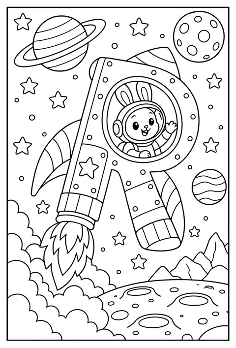 Letter R as a rocket with a rabbit pilot coloring page