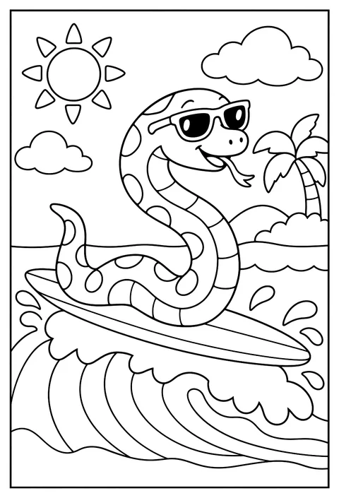 Letter S as a snake wearing sunglasses on a surfboard coloring page
