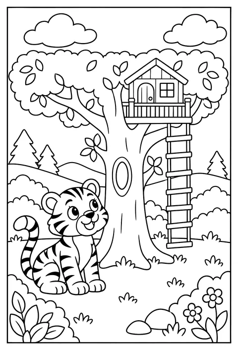 Letter T as a tree with a tiger and a treehouse coloring page