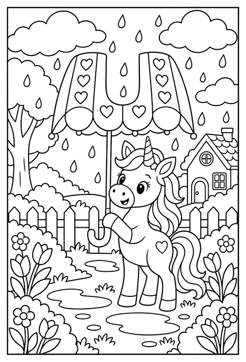 Letter U as an umbrella with a unicorn underneath coloring page