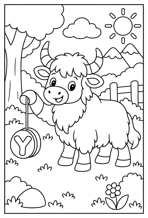 Letter Y as a yo-yo held by a yak coloring page
