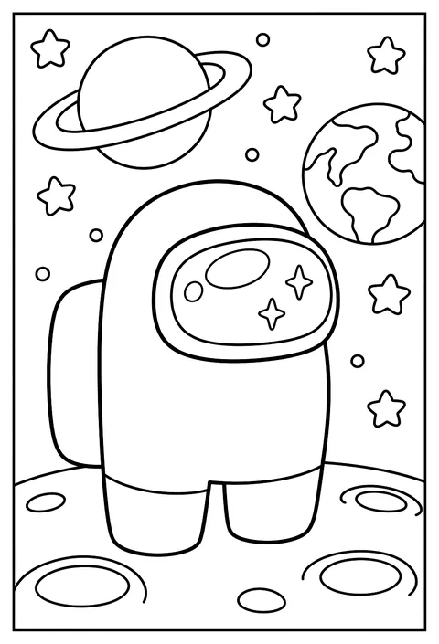 A close-up portrait of a crewmate's round visor reflecting the stars coloring page