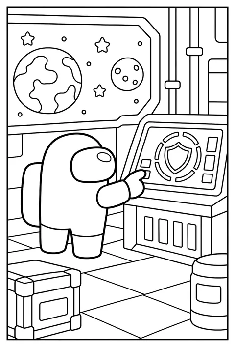 A crewmate calibrating the glowing shield generator panel coloring page