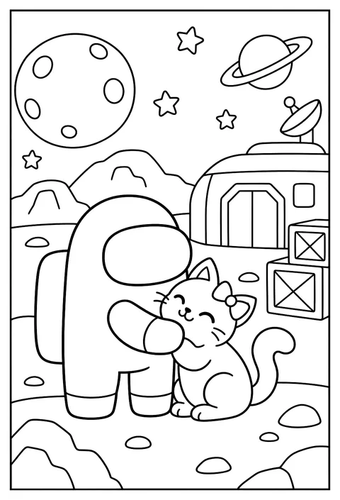 A crewmate cuddling a cute pet cat wearing a little bow coloring page