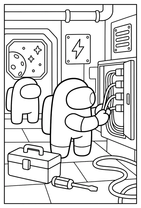 A crewmate fixing colorful wiring in the electrical room coloring page