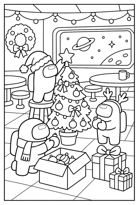 A crewmate in a Christmas hat decorating a small tree in the cafeteria coloring page