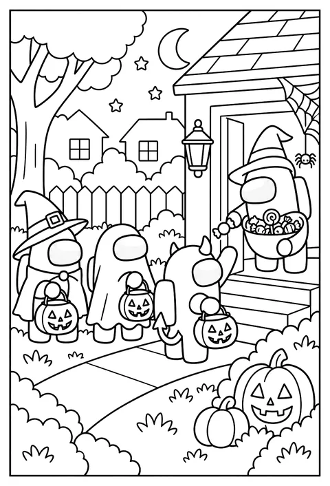 A crewmate in a Halloween costume trick-or-treating with a pumpkin bucket coloring page