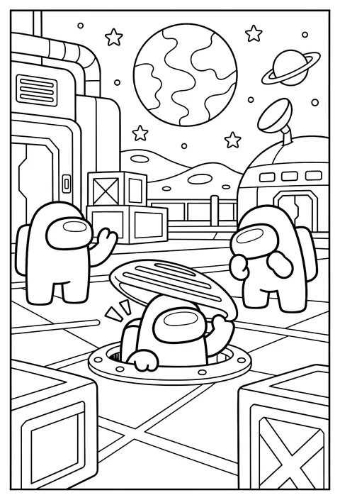 A crewmate popping halfway out of a round vent cover with a surprised grin coloring page