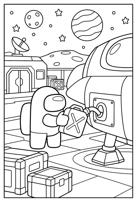 A crewmate pouring fuel into the engine with a gas canister coloring page