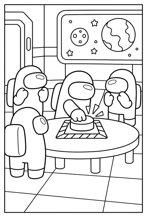A crewmate pressing the big red emergency meeting button coloring page