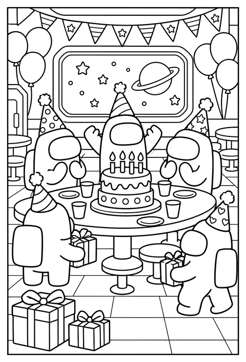 A crewmate's birthday party with a cake and party hats in the cafeteria coloring page