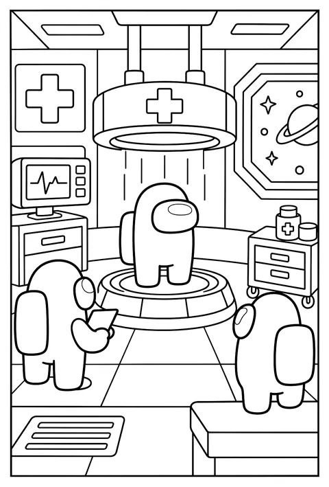 A crewmate scanning itself at the medbay scanner pad coloring page