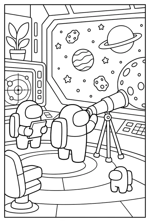 A crewmate stargazing through the big window in the navigation room coloring page
