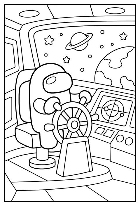 A crewmate steering at the navigation console with a big wheel coloring page