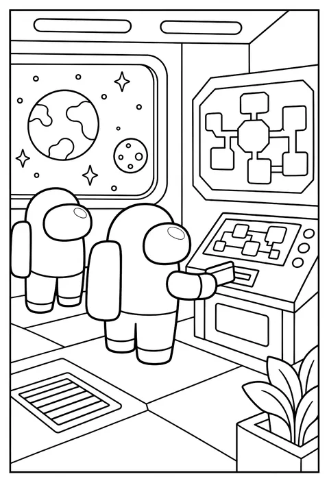 A crewmate swiping a card at the admin room console coloring page