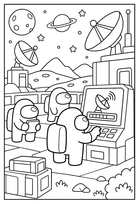 A crewmate uploading data at the communications console with satellite dishes coloring page