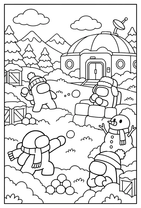 Crewmates having a snowball fight outside a snowy dome station coloring page