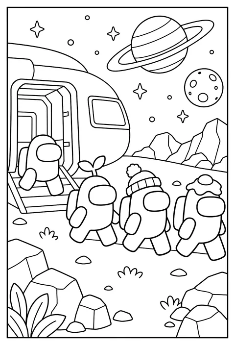 Crewmates in spacesuits walking outside the ship past stars and planets coloring page