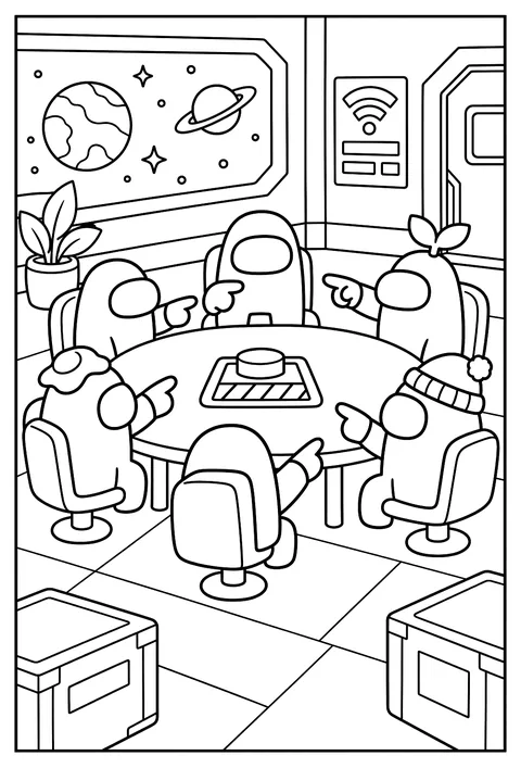 A group of crewmates sitting around the meeting table pointing at each other coloring page