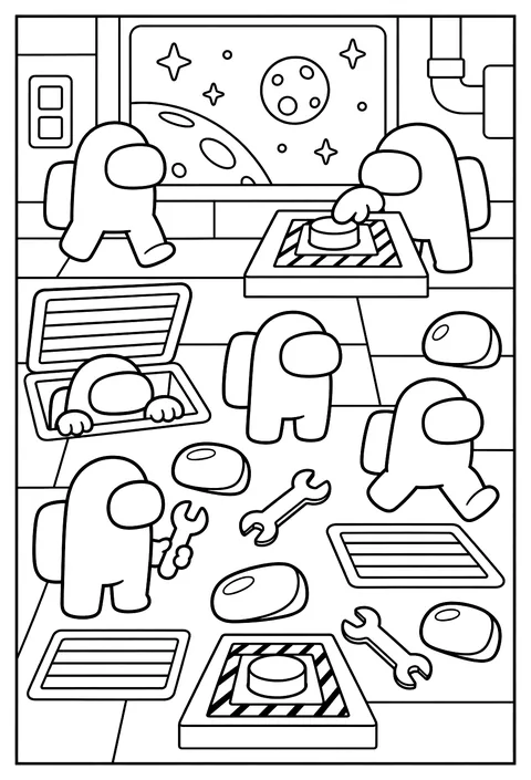 A pattern page of emergency buttons, vents, wrenches and visors coloring page