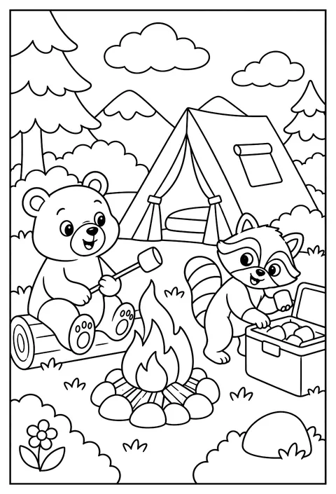 Animals camping: a bear tent, a raccoon stealing marshmallows coloring page