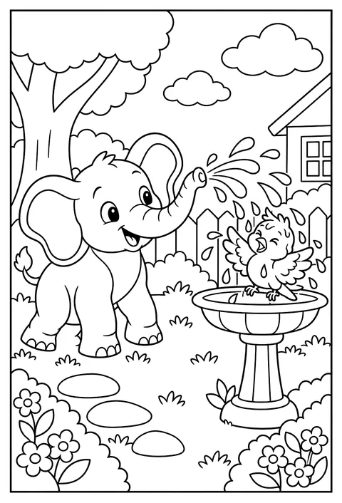 A baby elephant learning to spray water, soaking a bird coloring page