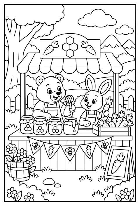 A bear and a rabbit running a honey and carrot stand coloring page