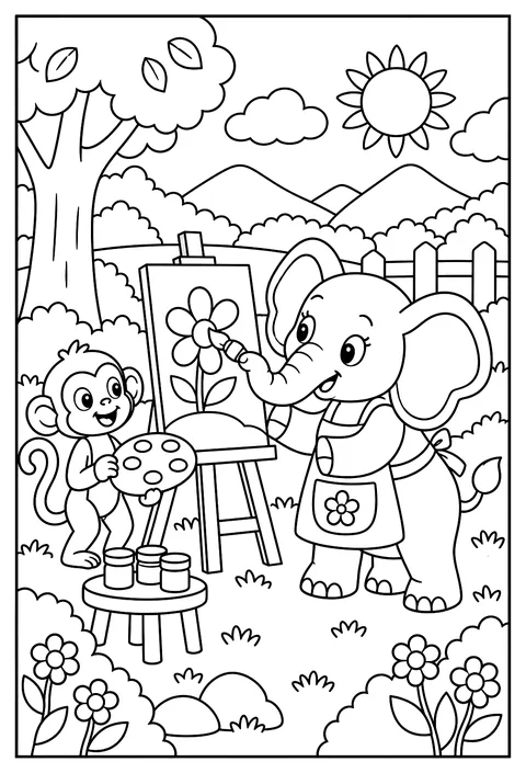 An elephant painting with its trunk while a monkey holds the palette coloring page