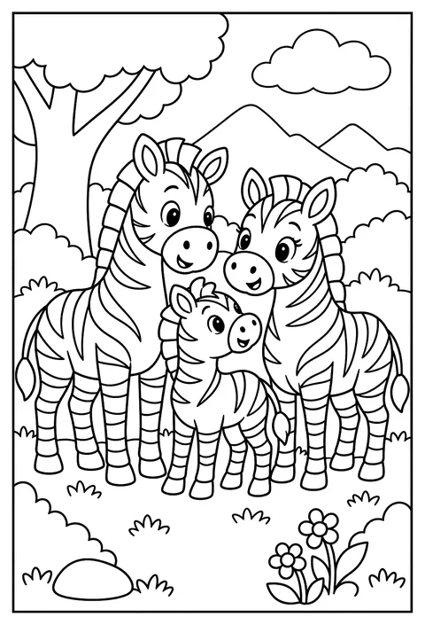 An animal family portrait coloring page
