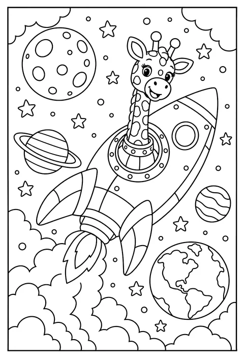 A giraffe astronaut whose neck sticks out of the rocket window coloring page