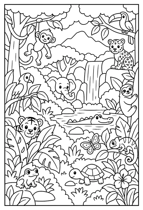 Hidden-object page: a jungle scene with 12 hidden animals coloring page