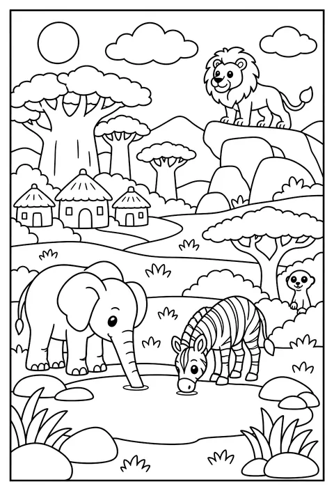 A map of a savanna with a watering hole, a baobab village, a lion rock and a hidden meerkat coloring page