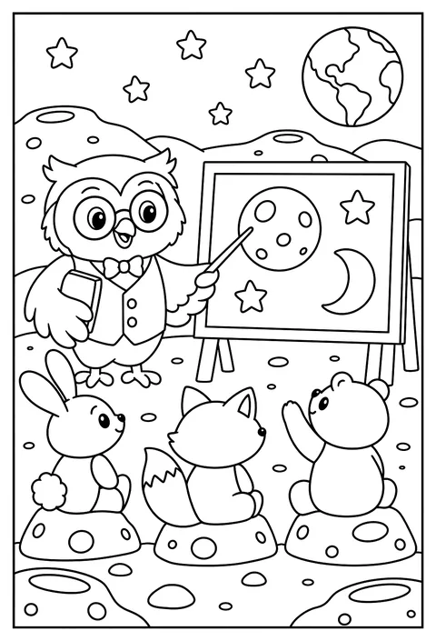 An owl teacher with a chalkboard lesson on the moon coloring page