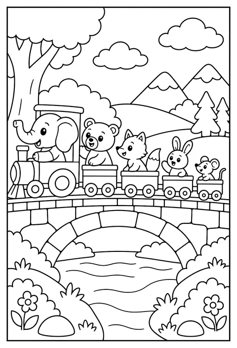 An animal train: a line of animals from big to small on a bridge coloring page