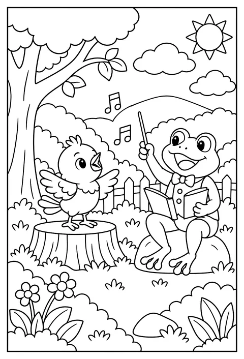 A baby bird learning to sing with a frog coach coloring page
