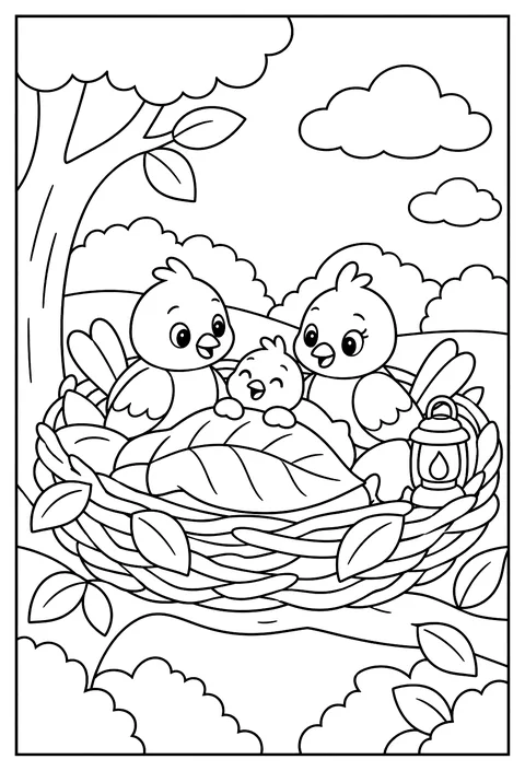 Birds camping in a giant nest with a leaf blanket coloring page