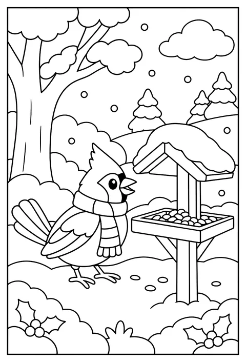 A cardinal in the snow at a feeder with a scarf coloring page